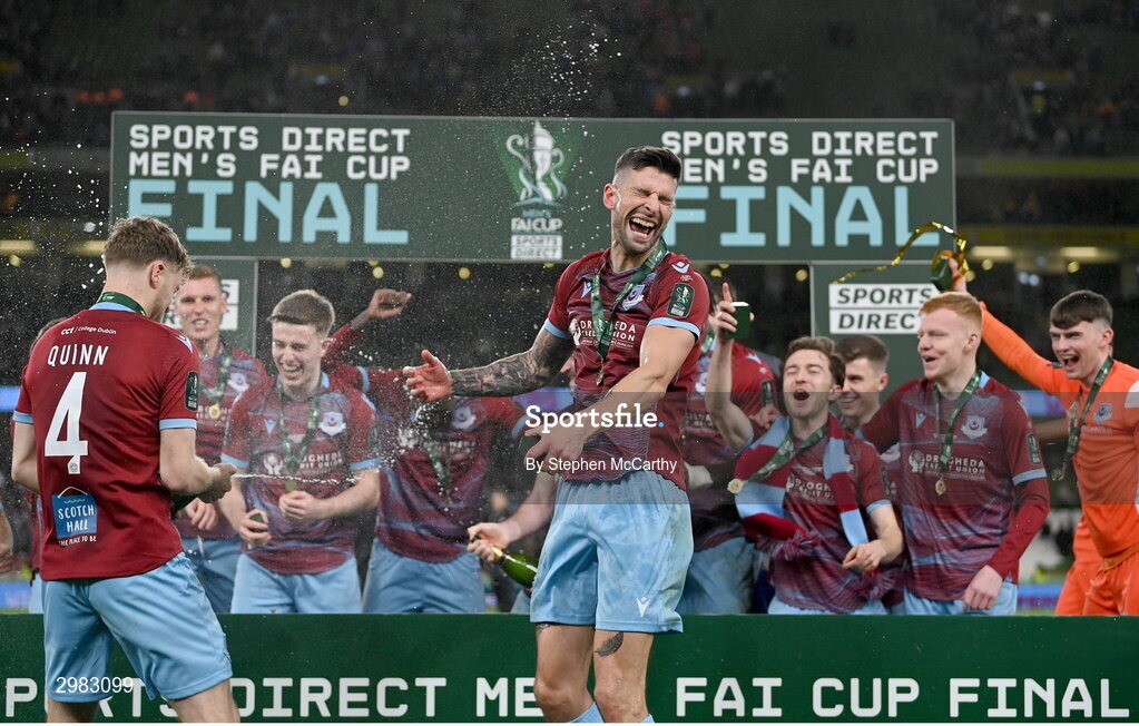 10 November 2024; Adam Foley of Drogheda United and team-mates celebrate after the Sports Direct Men's FAI Cup Final match between Drogheda United and Derry City at the Aviva Stadium in Dublin. Photo by Stephen McCarthy/Sportsfile