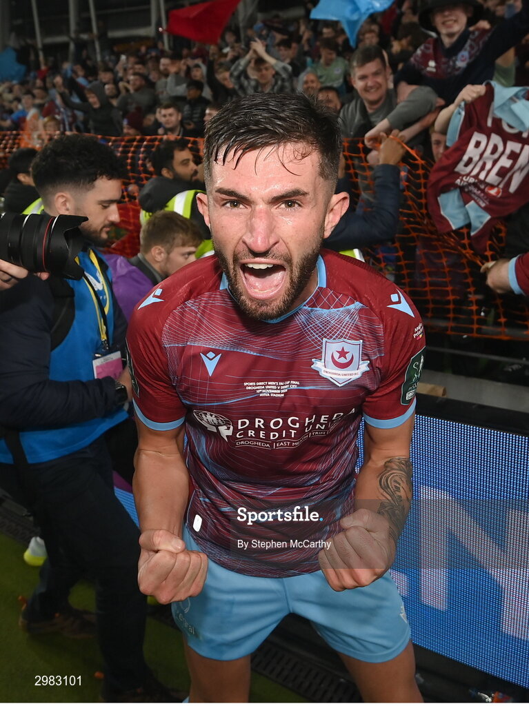 10 November 2024; Luke Heeney of Drogheda United celebrates after the Sports Direct Men's FAI Cup Final match between Drogheda United and Derry City at the Aviva Stadium in Dublin. Photo by Stephen McCarthy/Sportsfile