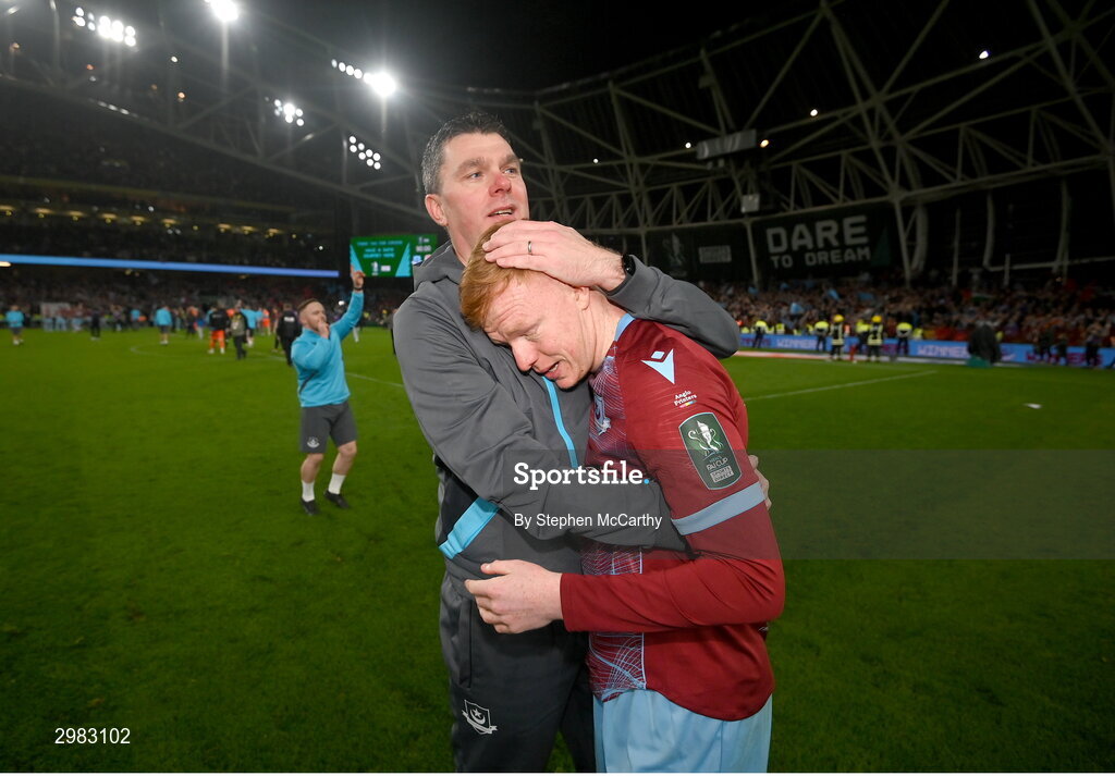 10 November 2024; Drogheda United manager Kevin Doherty and Shane Farrell celebrate after the Sports Direct Men's FAI Cup Final match between Drogheda United and Derry City at the Aviva Stadium in Dublin. Photo by Stephen McCarthy/Sportsfile