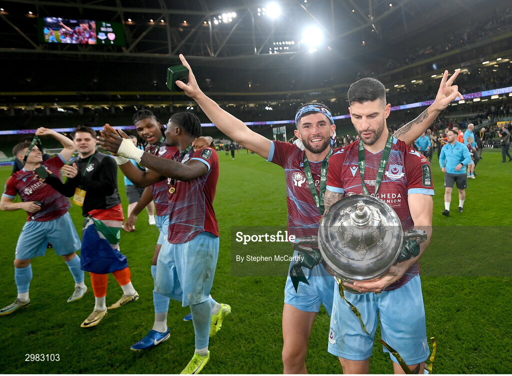 10 November 2024; Adam Foley and Luke Heeney, left, and Drogheda United celebrates with the FAI Cup after the Sports Direct Men's FAI Cup Final match between Drogheda United and Derry City at the Aviva Stadium in Dublin. Photo by Stephen McCarthy/Sportsfile