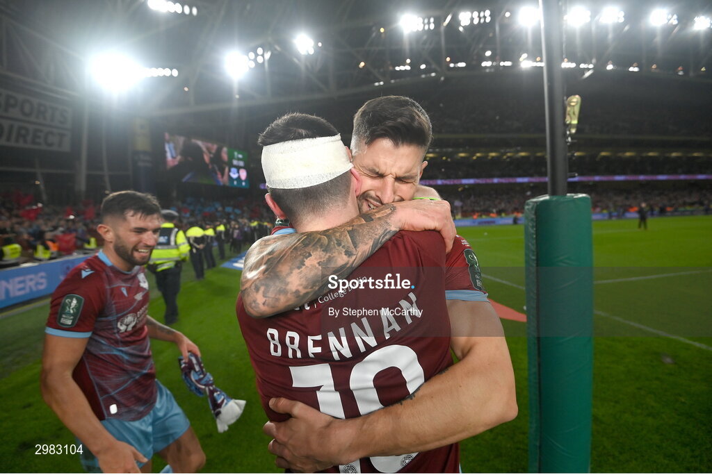 10 November 2024; Adam Foley, right, and Ryan Brennan of Drogheda United celebrate after the Sports Direct Men's FAI Cup Final match between Drogheda United and Derry City at the Aviva Stadium in Dublin. Photo by Stephen McCarthy/Sportsfile
