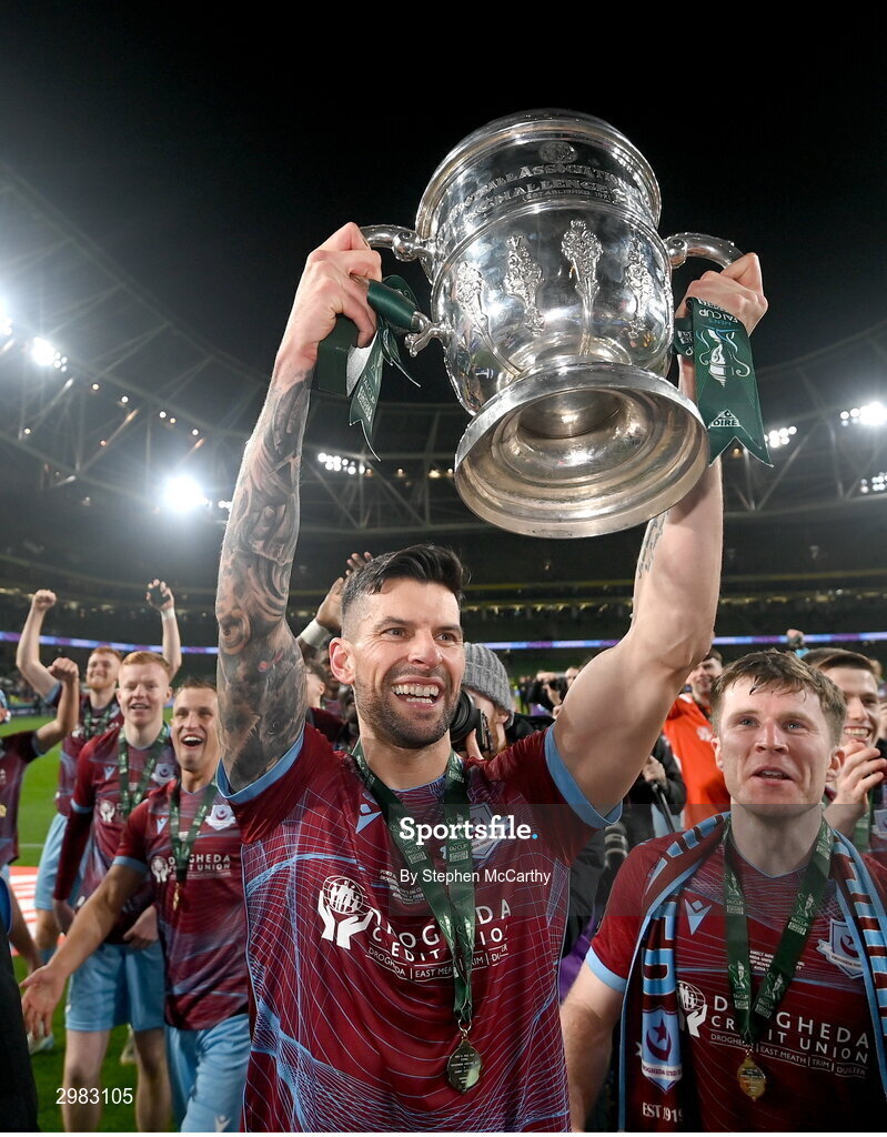 10 November 2024; Adam Foley of Drogheda United celebrates with the FAI Cup after the Sports Direct Men's FAI Cup Final match between Drogheda United and Derry City at the Aviva Stadium in Dublin. Photo by Stephen McCarthy/Sportsfile