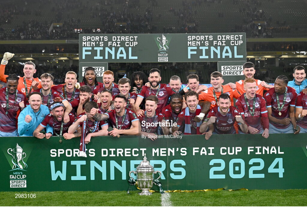 10 November 2024; Drogheda United players celebrate after the Sports Direct Men's FAI Cup Final match between Drogheda United and Derry City at the Aviva Stadium in Dublin. Photo by Stephen McCarthy/Sportsfile