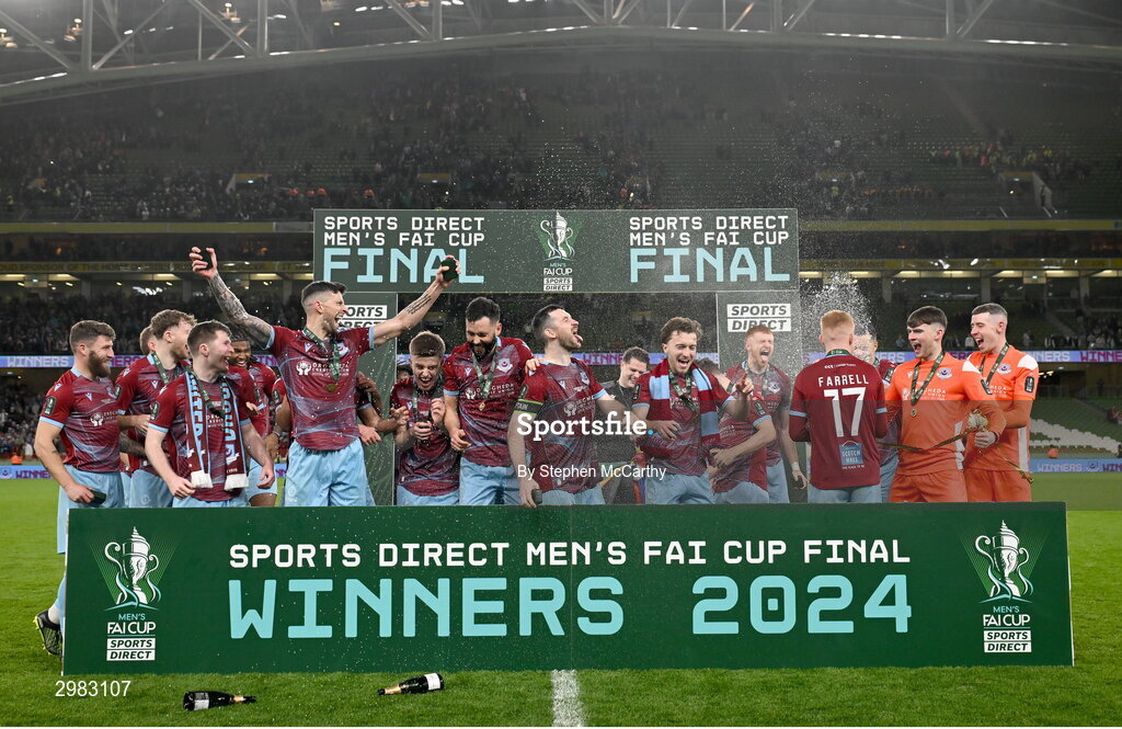 10 November 2024; Drogheda United players celebrate after the Sports Direct Men's FAI Cup Final match between Drogheda United and Derry City at the Aviva Stadium in Dublin. Photo by Stephen McCarthy/Sportsfile