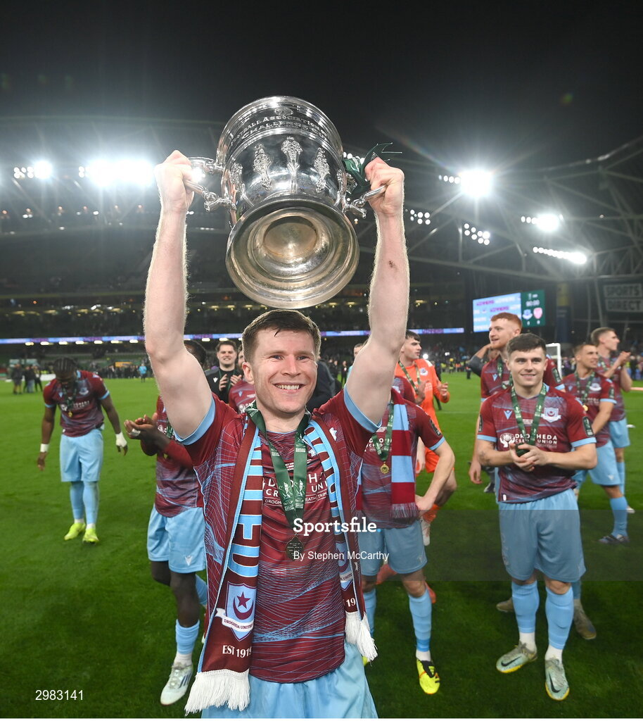 10 November 2024; Conor Kane of Drogheda United celebrates with the FAI Cup after the Sports Direct Men's FAI Cup Final match between Drogheda United and Derry City at the Aviva Stadium in Dublin. Photo by Stephen McCarthy/Sportsfile