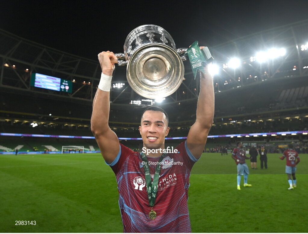 10 November 2024; Douglas James-Taylor of Drogheda United celebrates with the FAI Cup after the Sports Direct Men's FAI Cup Final match between Drogheda United and Derry City at the Aviva Stadium in Dublin. Photo by Stephen McCarthy/Sportsfile