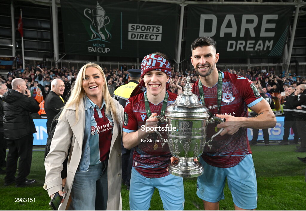 10 November 2024; Warren Davis and Adam Foley, right, of Drogheda United celebrates with the FAI Cup after the Sports Direct Men's FAI Cup Final match between Drogheda United and Derry City at the Aviva Stadium in Dublin. Photo by Stephen McCarthy/Sportsfile