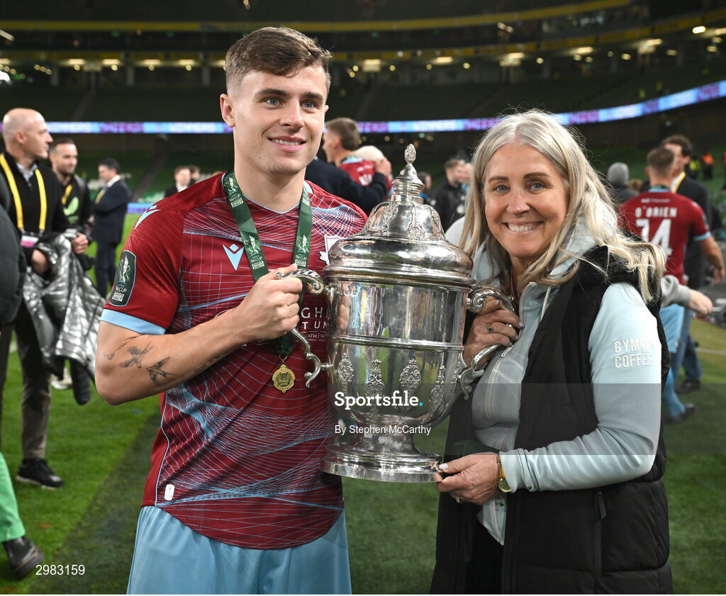 10 November 2024; Aaron McNally of Drogheda United celebrates with the FAI Cup after the Sports Direct Men's FAI Cup Final match between Drogheda United and Derry City at the Aviva Stadium in Dublin. Photo by Stephen McCarthy/Sportsfile