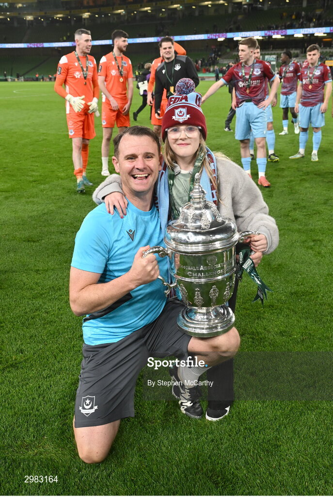 10 November 2024; Drogheda United assistant manager Daire Doyle celebrates with the FAI Cup after the Sports Direct Men's FAI Cup Final match between Drogheda United and Derry City at the Aviva Stadium in Dublin. Photo by Stephen McCarthy/Sportsfile