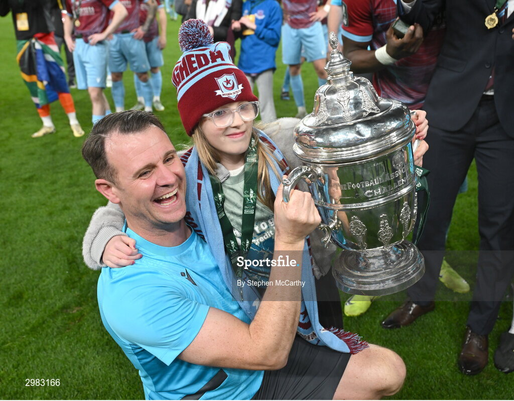 10 November 2024; Drogheda United assistant manager Daire Doyle celebrates with the FAI Cup after the Sports Direct Men's FAI Cup Final match between Drogheda United and Derry City at the Aviva Stadium in Dublin. Photo by Stephen McCarthy/Sportsfile