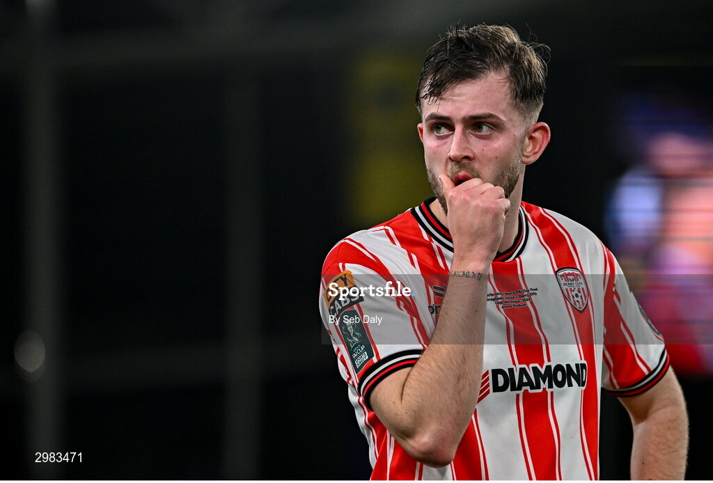 10 November 2024; Will Patching of Derry City after his side's defeat in the Sports Direct Men's FAI Cup Final match between Drogheda United and Derry City at the Aviva Stadium in Dublin. Photo by Seb Daly/Sportsfile