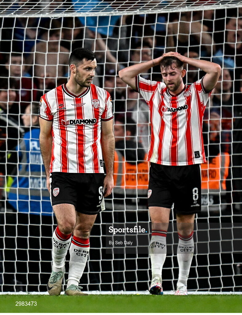 10 November 2024; Derry City players Patrick Hoban, left, and Will Patching during the Sports Direct Men's FAI Cup Final match between Drogheda United and Derry City at the Aviva Stadium in Dublin. Photo by Seb Daly/Sportsfile