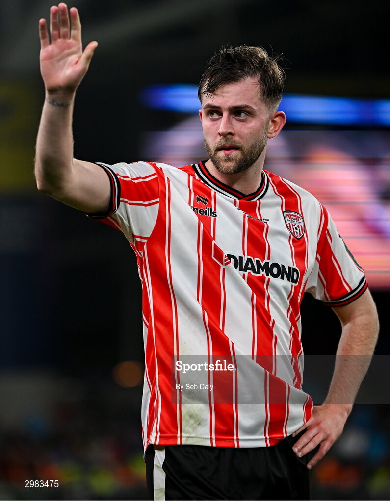 10 November 2024; Will Patching of Derry City after his side's defeat in the Sports Direct Men's FAI Cup Final match between Drogheda United and Derry City at the Aviva Stadium in Dublin. Photo by Seb Daly/Sportsfile