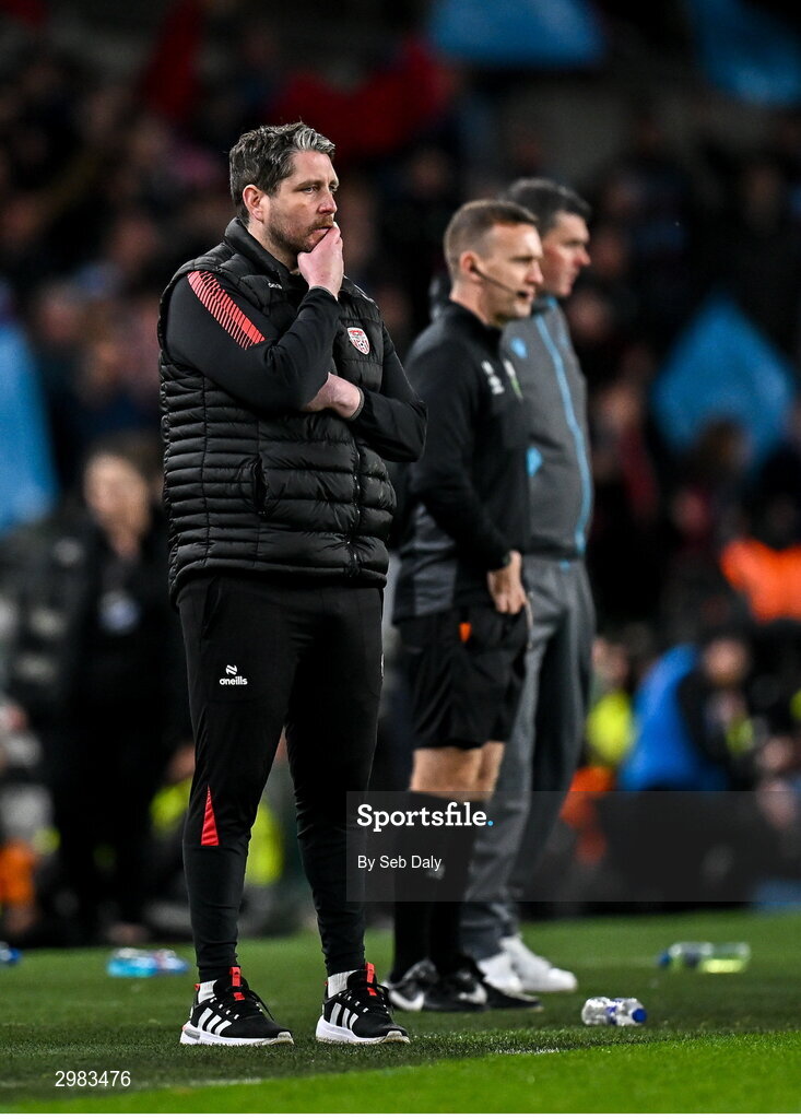 10 November 2024; Derry City manager Ruaidhrí Higgins during the Sports Direct Men's FAI Cup Final match between Drogheda United and Derry City at the Aviva Stadium in Dublin. Photo by Seb Daly/Sportsfile