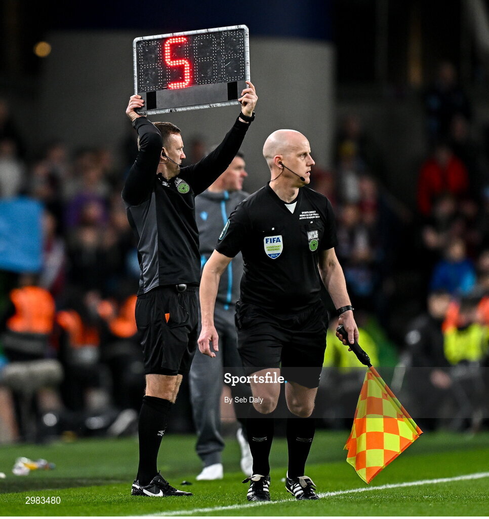 10 November 2024; Fourth official Paul Norton and Assistant referee Allen Lynch during the Sports Direct Men's FAI Cup Final match between Drogheda United and Derry City at the Aviva Stadium in Dublin. Photo by Seb Daly/Sportsfile