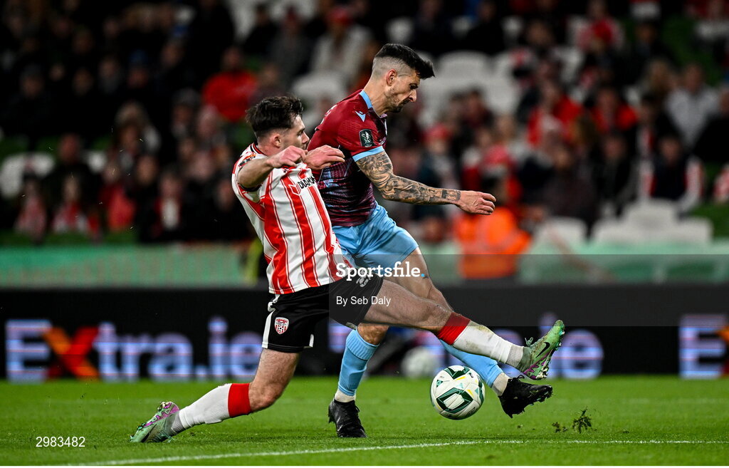10 November 2024; Adam Foley of Drogheda United in action against Adam O'Reilly of Derry City during the Sports Direct Men's FAI Cup Final match between Drogheda United and Derry City at the Aviva Stadium in Dublin. Photo by Seb Daly/Sportsfile