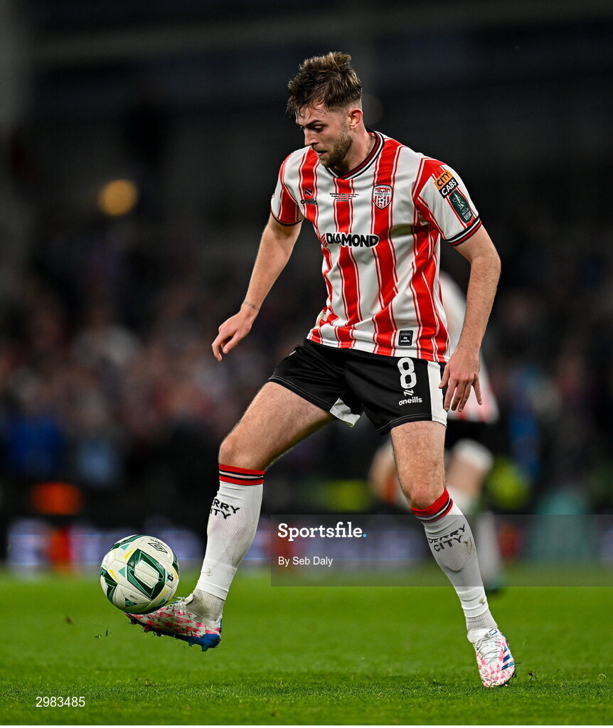 10 November 2024; Will Patching of Derry City during the Sports Direct Men's FAI Cup Final match between Drogheda United and Derry City at the Aviva Stadium in Dublin. Photo by Seb Daly/Sportsfile