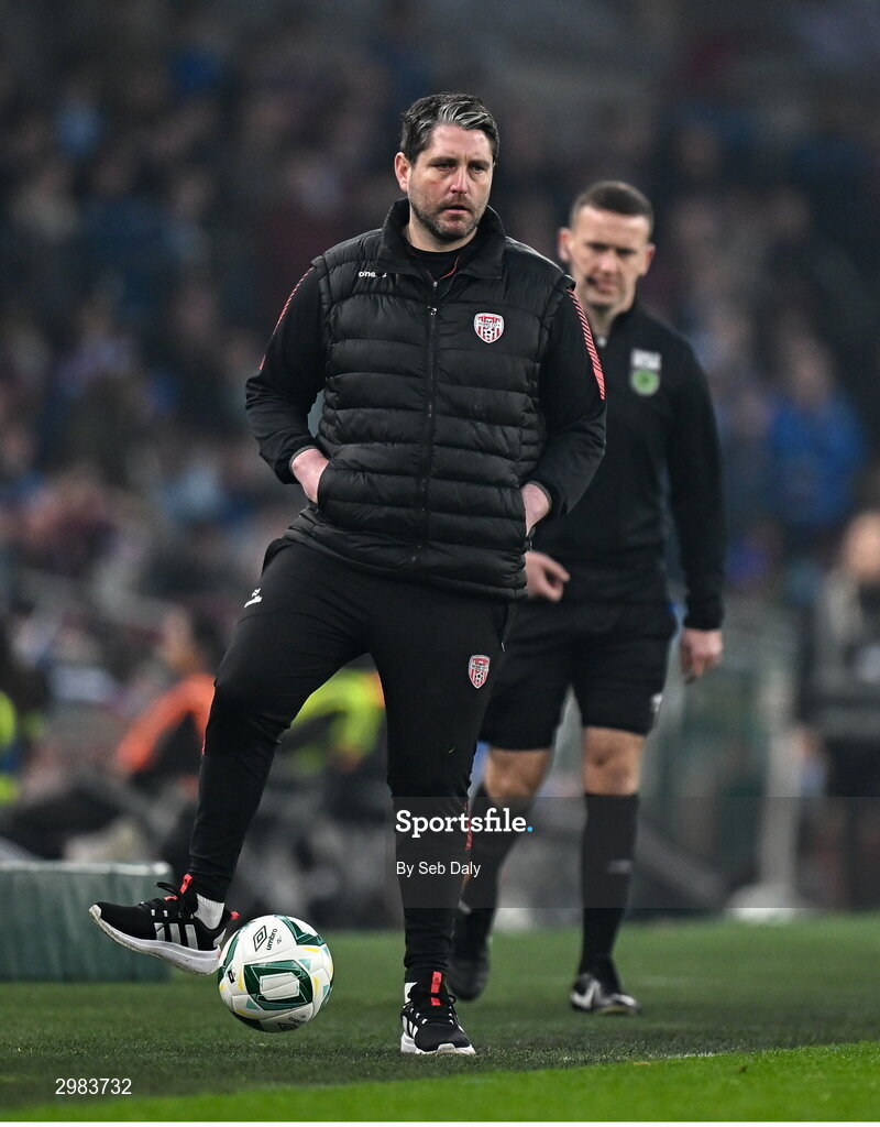 10 November 2024; Derry City manager Ruaidhrí Higgins during the Sports Direct Men's FAI Cup Final match between Drogheda United and Derry City at the Aviva Stadium in Dublin. Photo by Seb Daly/Sportsfile