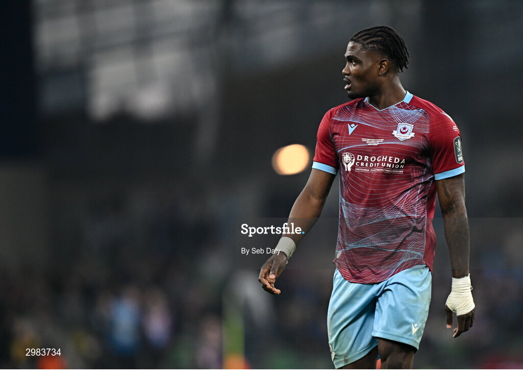 10 November 2024; Frantz Pierrot of Drogheda United during the Sports Direct Men's FAI Cup Final match between Drogheda United and Derry City at the Aviva Stadium in Dublin. Photo by Seb Daly/Sportsfile