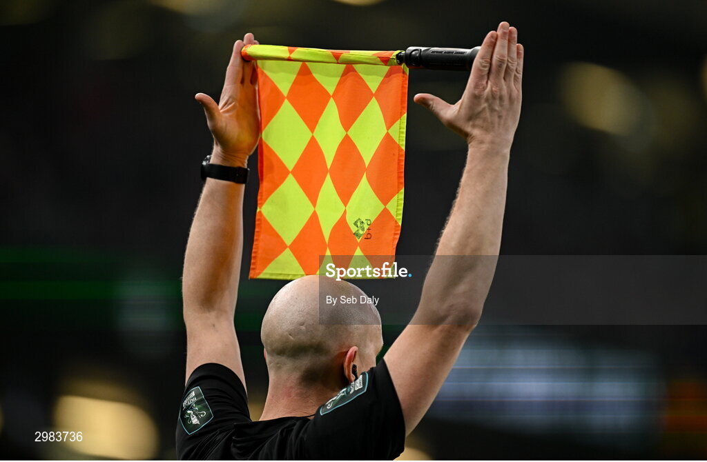 10 November 2024; An assistant referee signals a substitution during the Sports Direct Men's FAI Cup Final match between Drogheda United and Derry City at the Aviva Stadium in Dublin. Photo by Seb Daly/Sportsfile