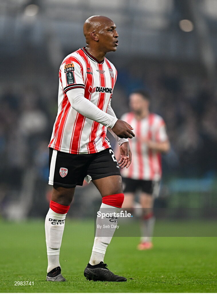 10 November 2024; Andre Wisdom of Derry City during the Sports Direct Men's FAI Cup Final match between Drogheda United and Derry City at the Aviva Stadium in Dublin. Photo by Seb Daly/Sportsfile