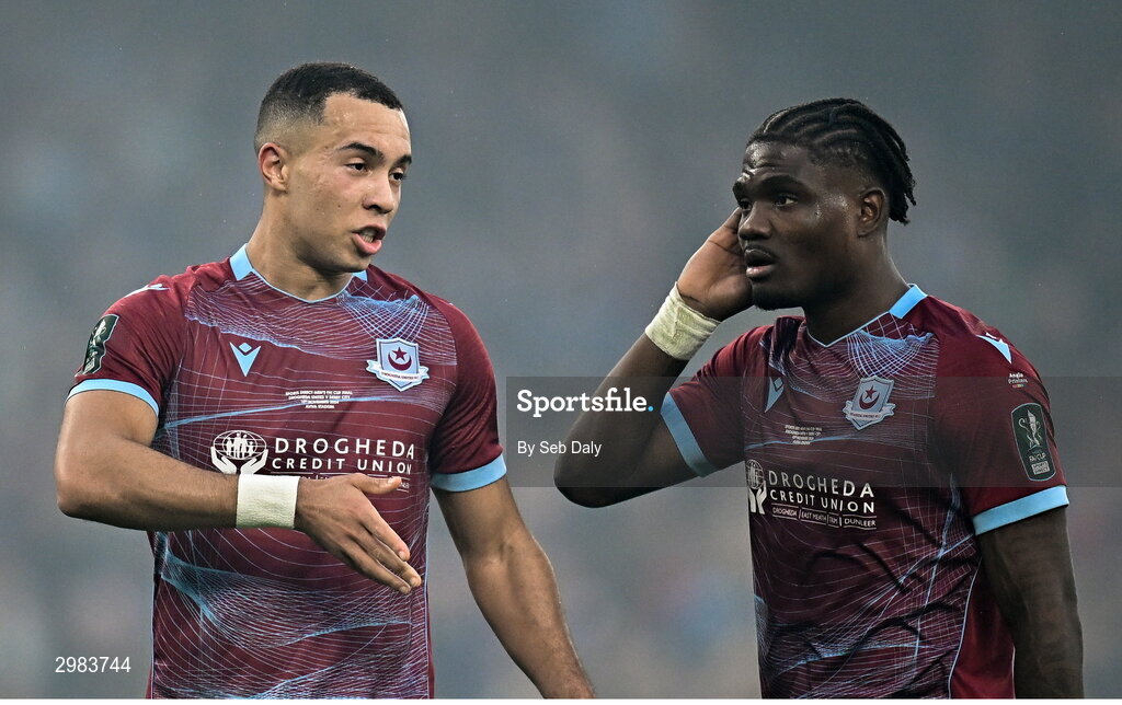 10 November 2024; Drogheda United players Douglas James-Taylor, left, and Frantz Pierrot during the Sports Direct Men's FAI Cup Final match between Drogheda United and Derry City at the Aviva Stadium in Dublin. Photo by Seb Daly/Sportsfile