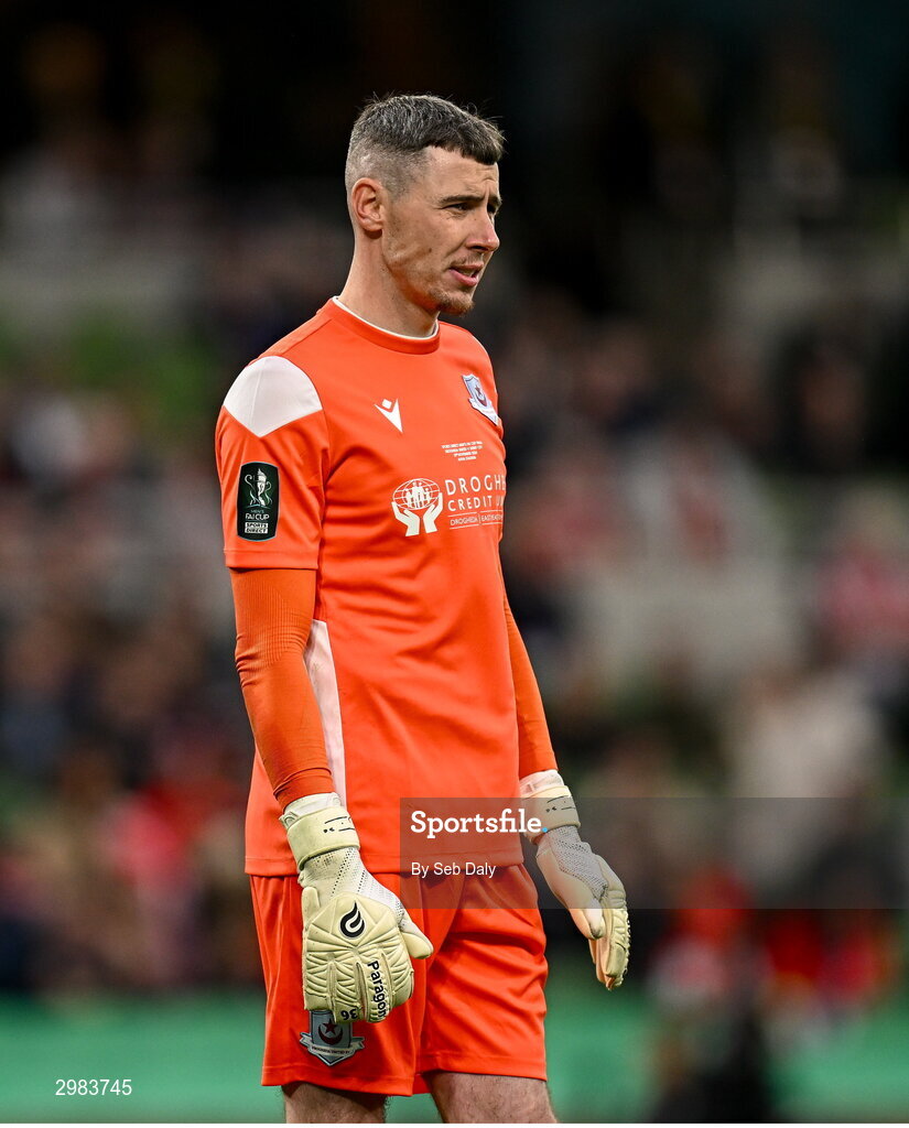 10 November 2024; Drogheda United goalkeeper Luke Dennison during the Sports Direct Men's FAI Cup Final match between Drogheda United and Derry City at the Aviva Stadium in Dublin. Photo by Seb Daly/Sportsfile