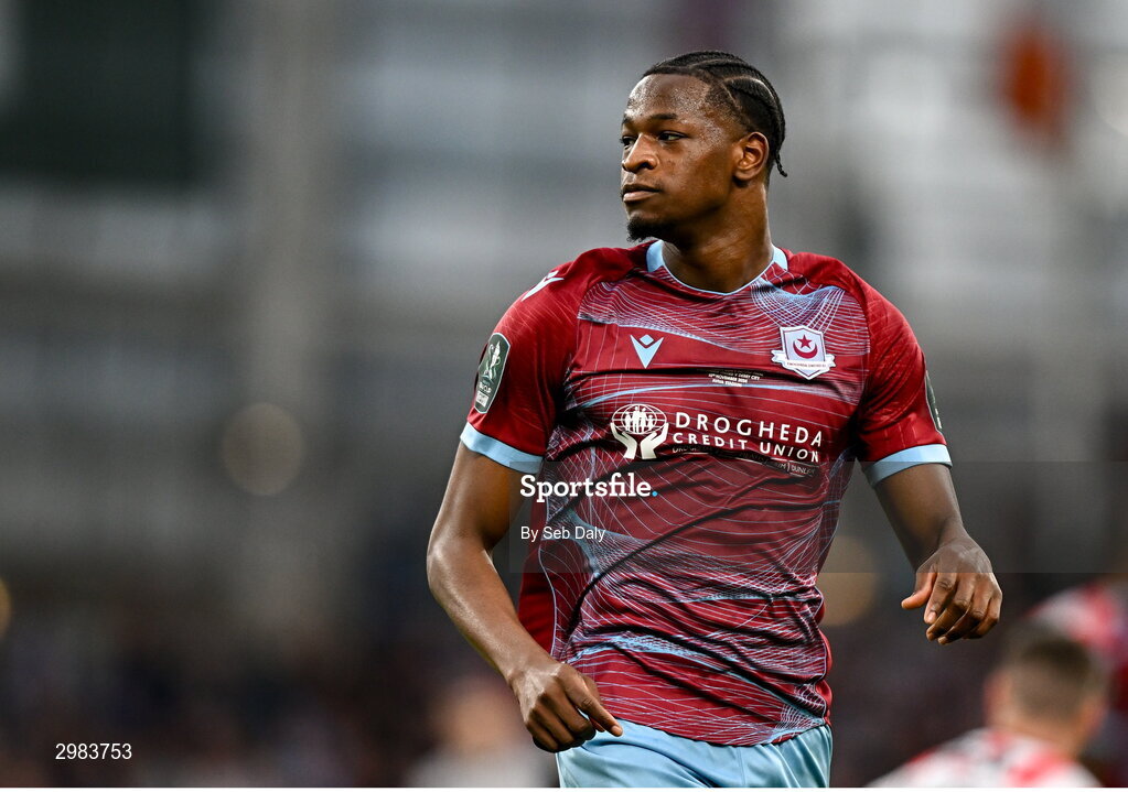 10 November 2024; Elicha Ahui of Drogheda United during the Sports Direct Men's FAI Cup Final match between Drogheda United and Derry City at the Aviva Stadium in Dublin. Photo by Seb Daly/Sportsfile