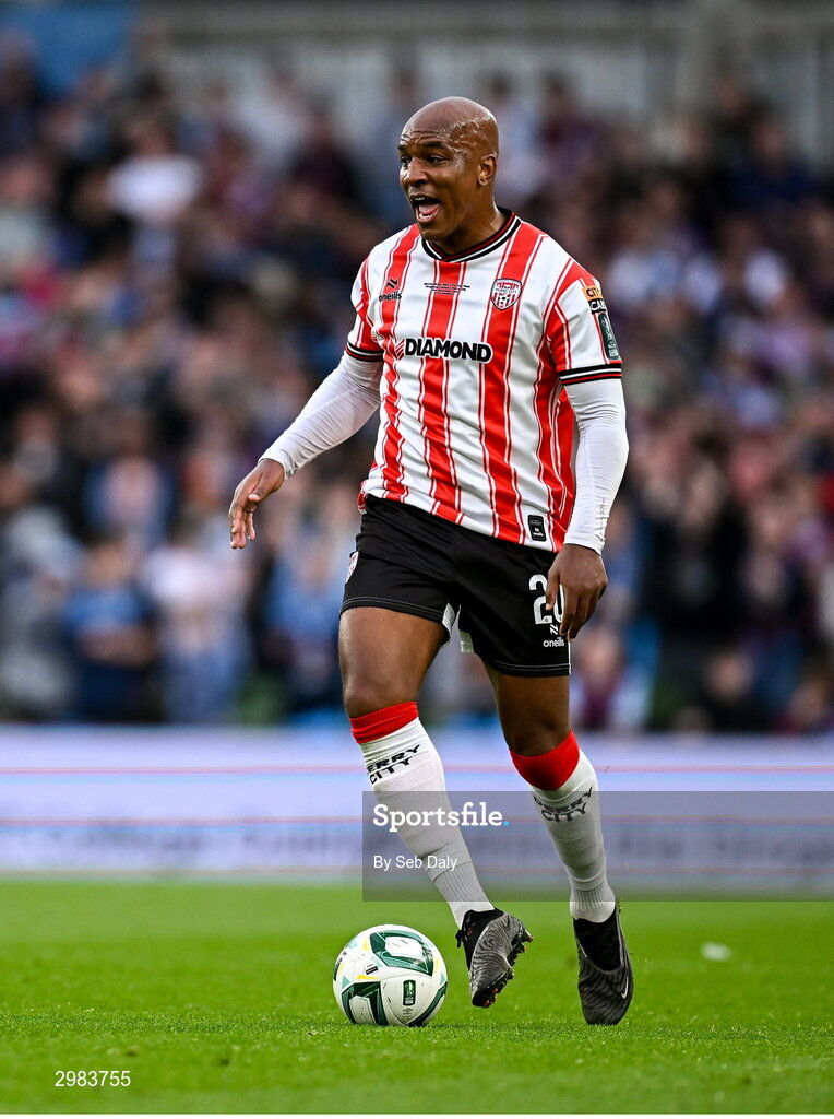 10 November 2024; Andre Wisdom of Derry City during the Sports Direct Men's FAI Cup Final match between Drogheda United and Derry City at the Aviva Stadium in Dublin. Photo by Seb Daly/Sportsfile