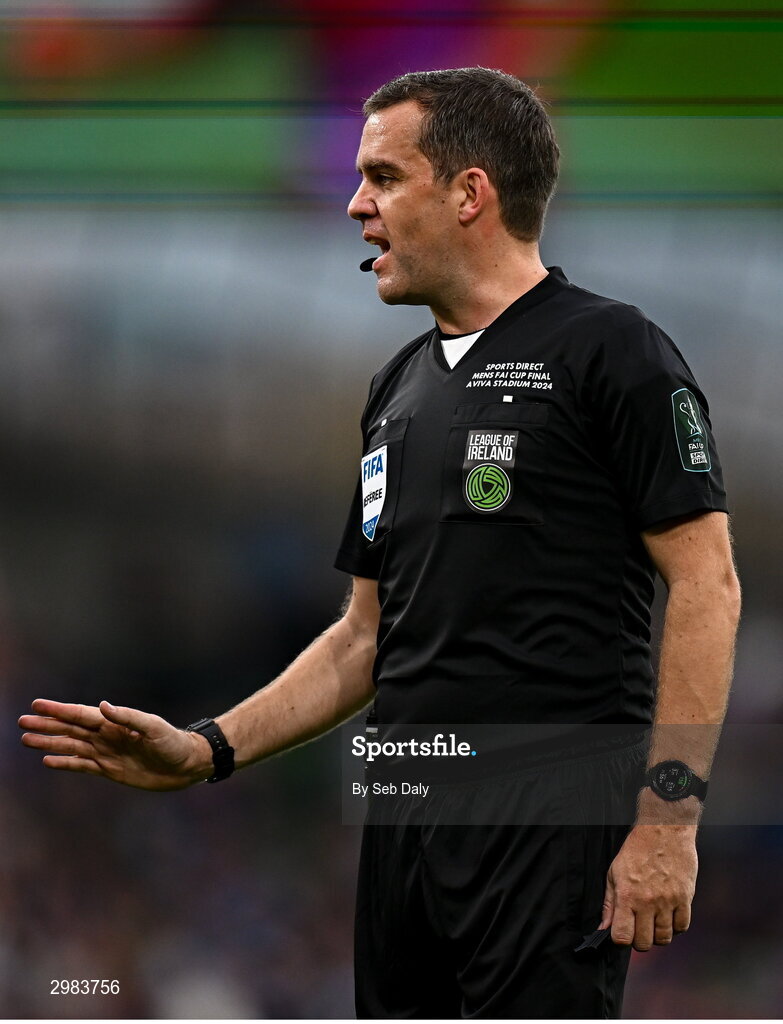 10 November 2024; Referee Rob Harvey during the Sports Direct Men's FAI Cup Final match between Drogheda United and Derry City at the Aviva Stadium in Dublin. Photo by Seb Daly/Sportsfile