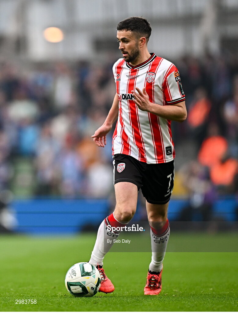 10 November 2024; Michael Duffy of Derry City during the Sports Direct Men's FAI Cup Final match between Drogheda United and Derry City at the Aviva Stadium in Dublin. Photo by Seb Daly/Sportsfile
