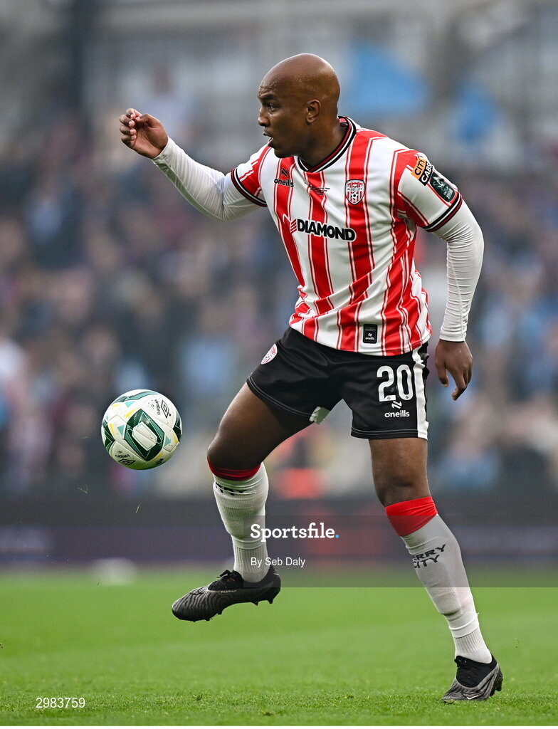 10 November 2024; Andre Wisdom of Derry City during the Sports Direct Men's FAI Cup Final match between Drogheda United and Derry City at the Aviva Stadium in Dublin. Photo by Seb Daly/Sportsfile