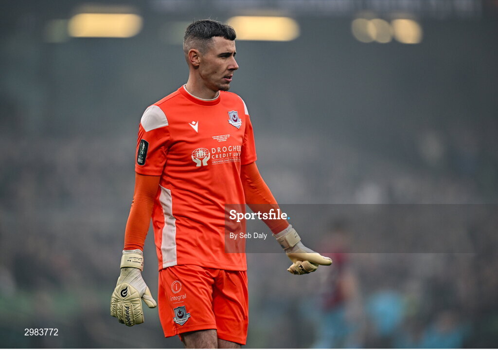 10 November 2024; Drogheda United goalkeeper Luke Dennison during the Sports Direct Men's FAI Cup Final match between Drogheda United and Derry City at the Aviva Stadium in Dublin. Photo by Seb Daly/Sportsfile