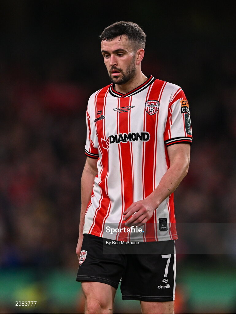 10 November 2024; Michael Duffy of Derry City during the Sports Direct Men's FAI Cup Final match between Drogheda United and Derry City at the Aviva Stadium in Dublin. Photo by Ben McShane/Sportsfile
