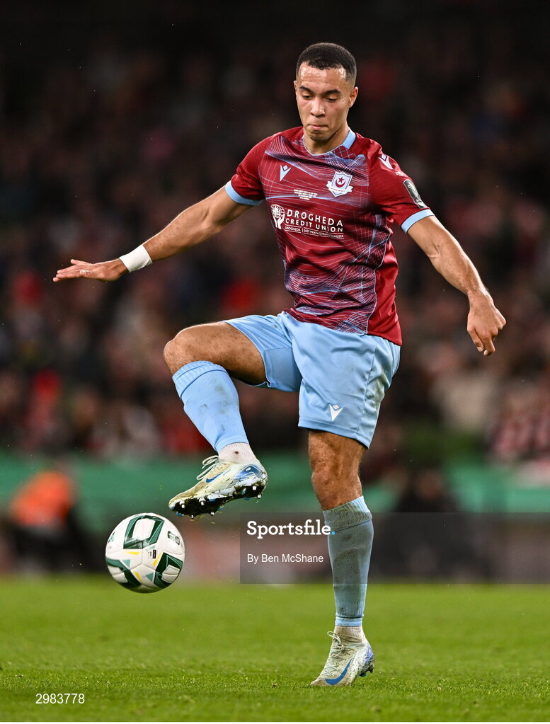 10 November 2024; Douglas James-Taylor of Drogheda United during the Sports Direct Men's FAI Cup Final match between Drogheda United and Derry City at the Aviva Stadium in Dublin. Photo by Ben McShane/Sportsfile