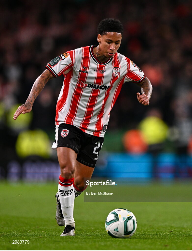 10 November 2024; Sean Robertson of Derry City during the Sports Direct Men's FAI Cup Final match between Drogheda United and Derry City at the Aviva Stadium in Dublin. Photo by Ben McShane/Sportsfile