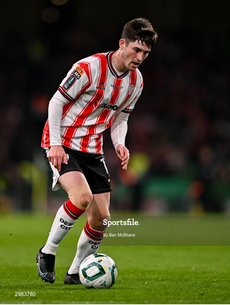 10 November 2024; Colm Whelan of Derry City during the Sports Direct Men's FAI Cup Final match between Drogheda United and Derry City at the Aviva Stadium in Dublin. Photo by Ben McShane/Sportsfile
