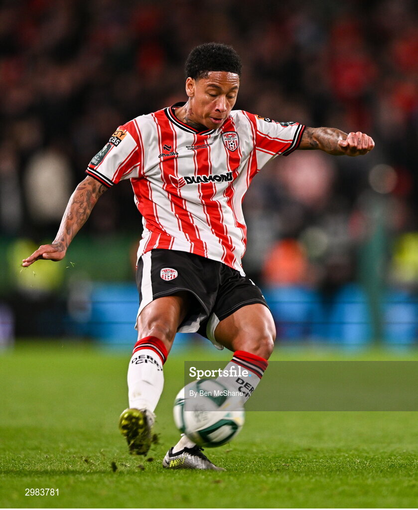 10 November 2024; Sean Robertson of Derry City during the Sports Direct Men's FAI Cup Final match between Drogheda United and Derry City at the Aviva Stadium in Dublin. Photo by Ben McShane/Sportsfile