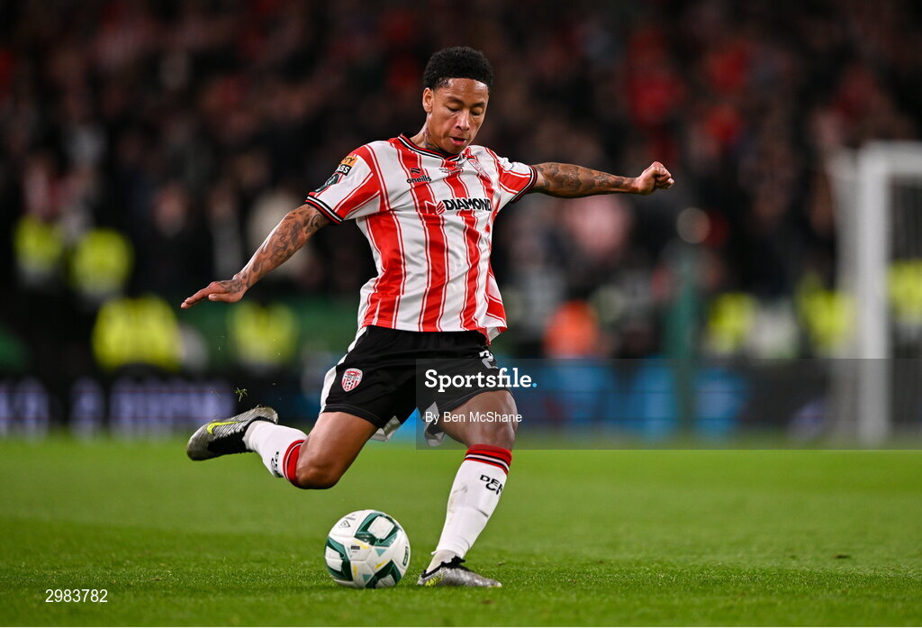 10 November 2024; Sean Robertson of Derry City during the Sports Direct Men's FAI Cup Final match between Drogheda United and Derry City at the Aviva Stadium in Dublin. Photo by Ben McShane/Sportsfile