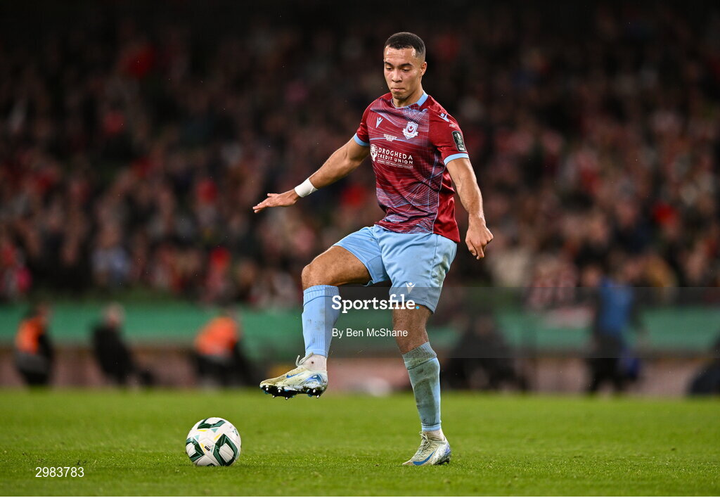 10 November 2024; Douglas James-Taylor of Drogheda United during the Sports Direct Men's FAI Cup Final match between Drogheda United and Derry City at the Aviva Stadium in Dublin. Photo by Ben McShane/Sportsfile