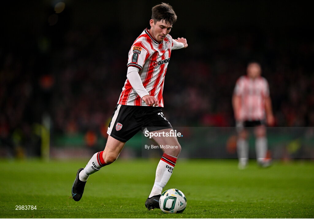 10 November 2024; Colm Whelan of Derry City during the Sports Direct Men's FAI Cup Final match between Drogheda United and Derry City at the Aviva Stadium in Dublin. Photo by Ben McShane/Sportsfile
