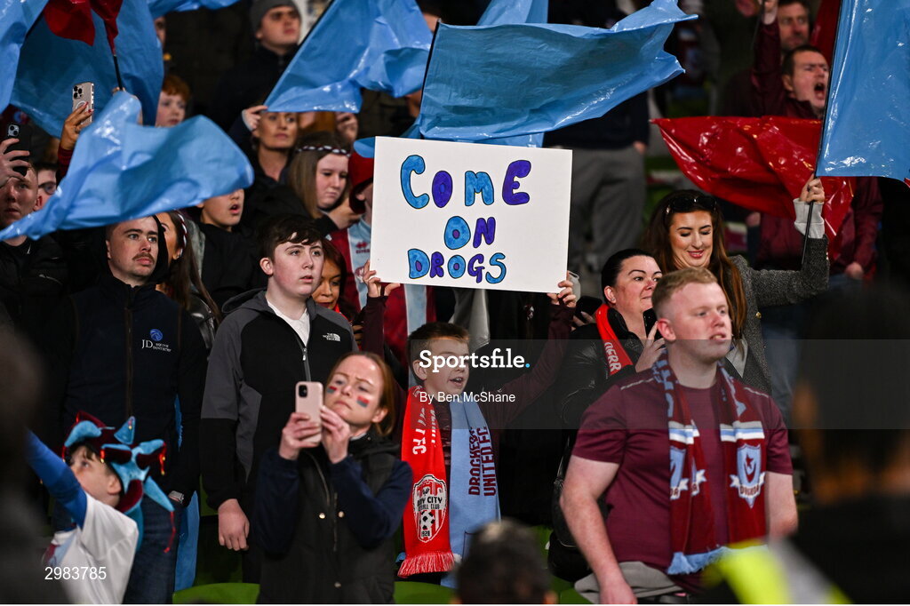 10 November 2024; Drogheda United supporters during the Sports Direct Men's FAI Cup Final match between Drogheda United and Derry City at the Aviva Stadium in Dublin. Photo by Ben McShane/Sportsfile