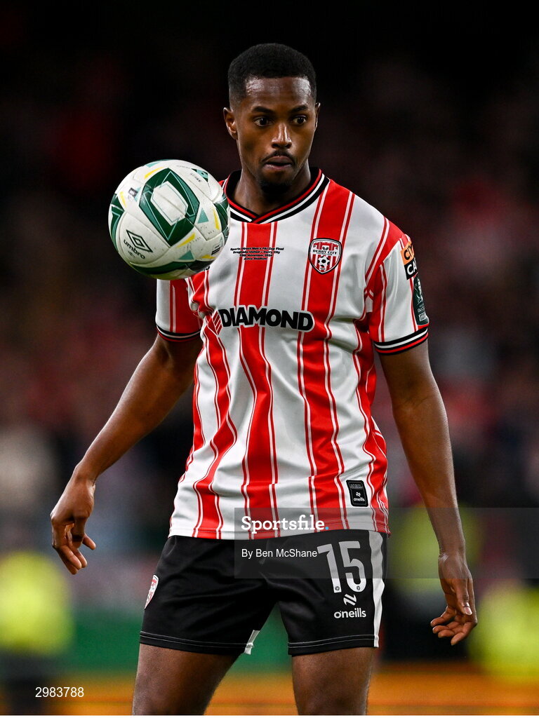 10 November 2024; Sadou Diallo of Derry City during the Sports Direct Men's FAI Cup Final match between Drogheda United and Derry City at the Aviva Stadium in Dublin. Photo by Ben McShane/Sportsfile