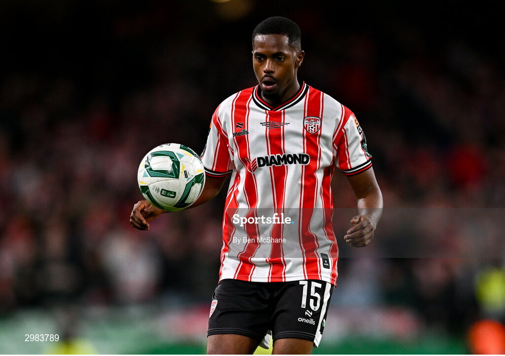 10 November 2024; Sadou Diallo of Derry City during the Sports Direct Men's FAI Cup Final match between Drogheda United and Derry City at the Aviva Stadium in Dublin. Photo by Ben McShane/Sportsfile