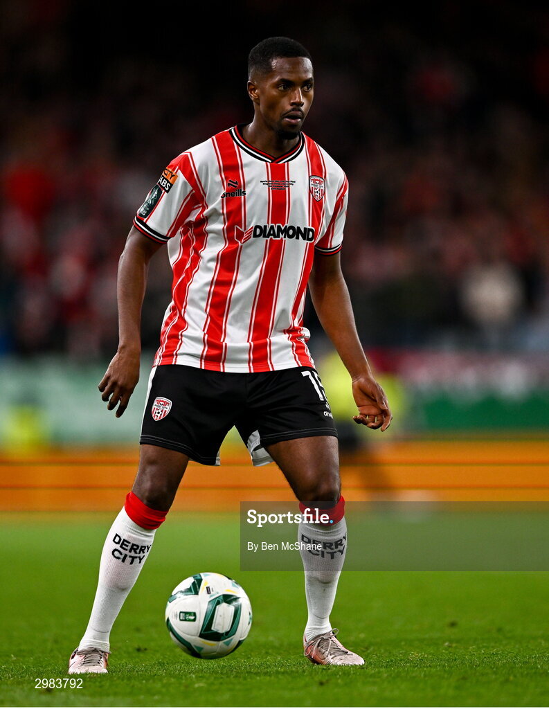 10 November 2024; Sadou Diallo of Derry City during the Sports Direct Men's FAI Cup Final match between Drogheda United and Derry City at the Aviva Stadium in Dublin. Photo by Ben McShane/Sportsfile