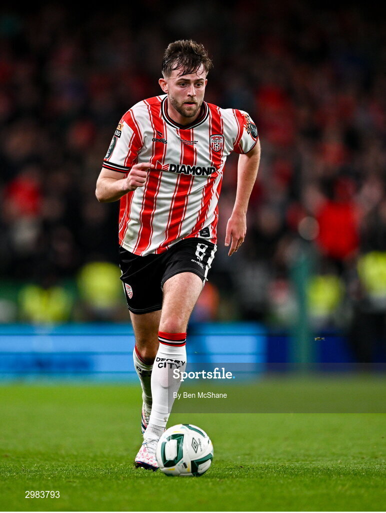 10 November 2024; Will Patching of Derry City during the Sports Direct Men's FAI Cup Final match between Drogheda United and Derry City at the Aviva Stadium in Dublin. Photo by Ben McShane/Sportsfile