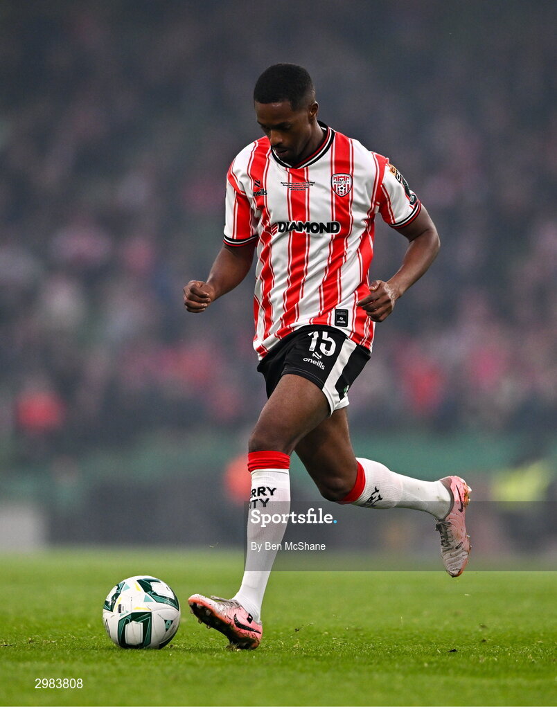 10 November 2024; Sadou Diallo of Derry City during the Sports Direct Men's FAI Cup Final match between Drogheda United and Derry City at the Aviva Stadium in Dublin. Photo by Ben McShane/Sportsfile