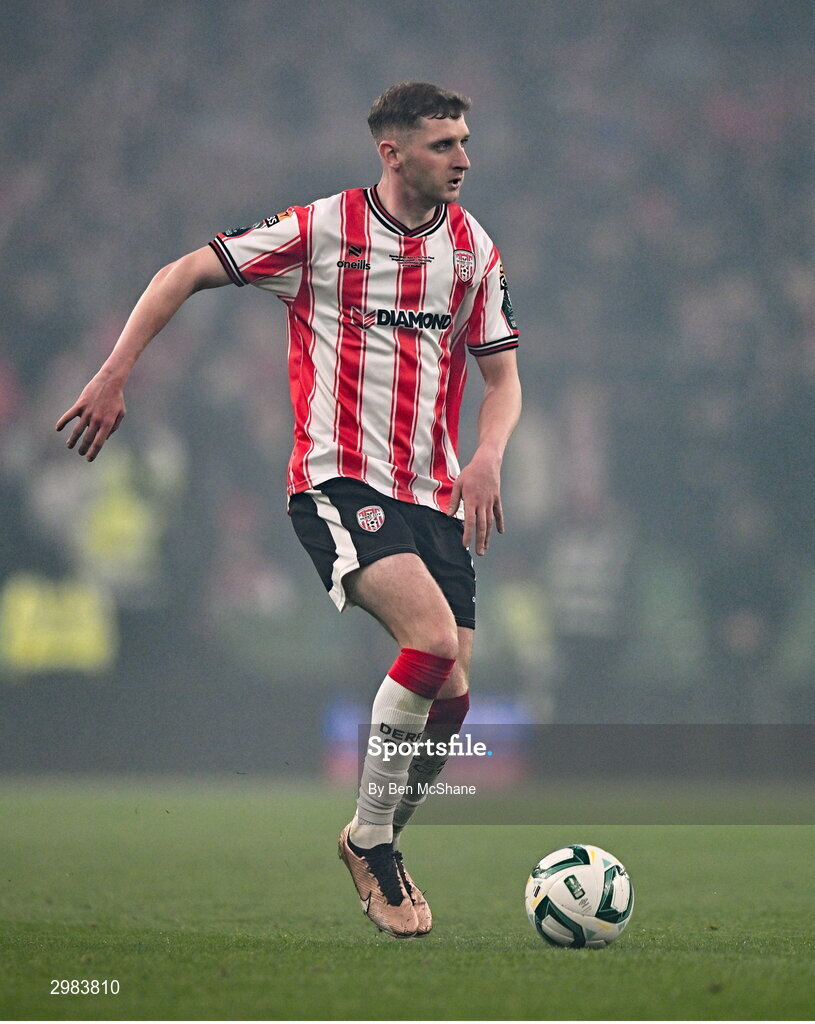10 November 2024; Ronan Boyce of Derry City during the Sports Direct Men's FAI Cup Final match between Drogheda United and Derry City at the Aviva Stadium in Dublin. Photo by Ben McShane/Sportsfile