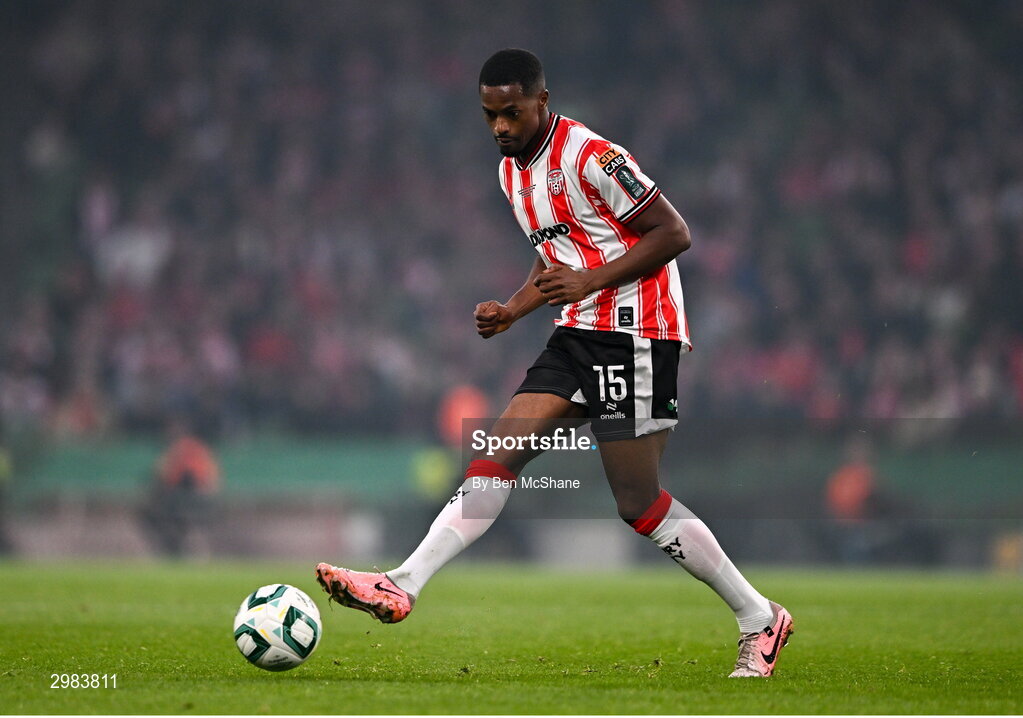 10 November 2024; Sadou Diallo of Derry City during the Sports Direct Men's FAI Cup Final match between Drogheda United and Derry City at the Aviva Stadium in Dublin. Photo by Ben McShane/Sportsfile