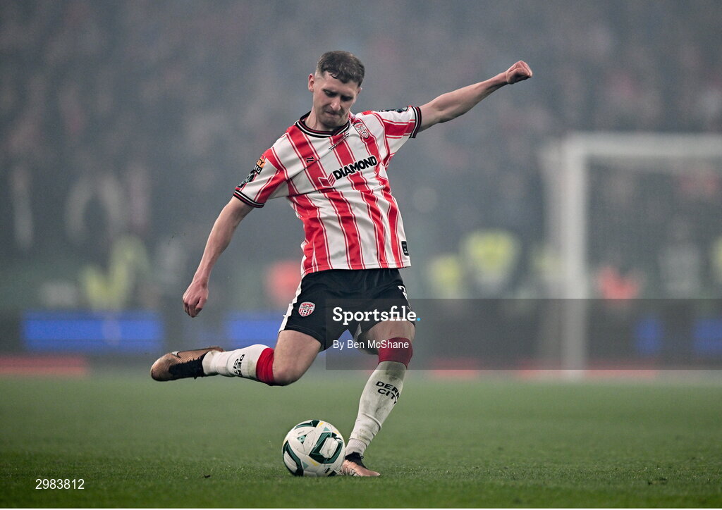 10 November 2024; Ronan Boyce of Derry City during the Sports Direct Men's FAI Cup Final match between Drogheda United and Derry City at the Aviva Stadium in Dublin. Photo by Ben McShane/Sportsfile